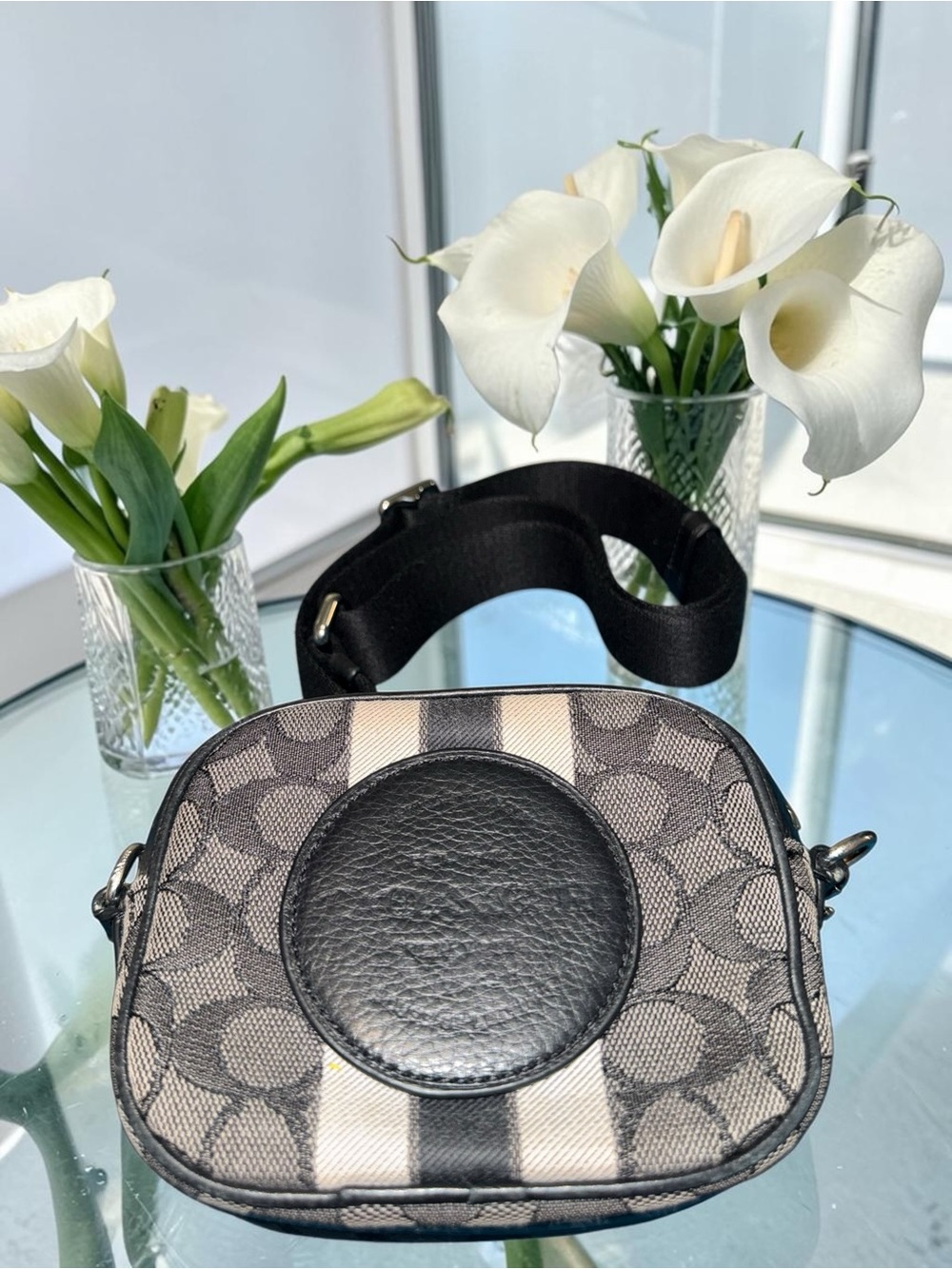 Coach Mini Dempsey Camera Bag in Signature Jacquard with Stripe and Coach Patch